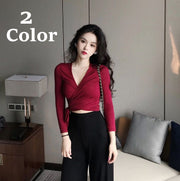 カットソー 長袖 カシュクール Vネック トップス ショート丈 レディース 女性 婦人 ファッション おしゃれ 無地 シンプル