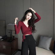 カットソー 長袖 カシュクール Vネック トップス ショート丈 レディース 女性 婦人 ファッション おしゃれ 無地 シンプル
