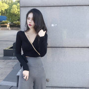 カットソー 長袖 カシュクール Vネック トップス ショート丈 レディース 女性 婦人 ファッション おしゃれ 無地 シンプル