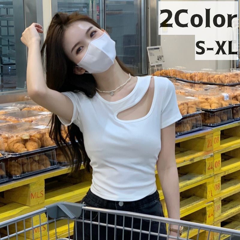 カットソー Tシャツ レディース トップス ショート丈 短め丈 ラウンドネック 半袖 アシンメトリー 肌見せ おしゃれ お出かけ