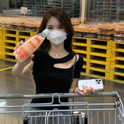 カットソー Tシャツ レディース トップス ショート丈 短め丈 ラウンドネック 半袖 アシンメトリー 肌見せ おしゃれ お出かけ