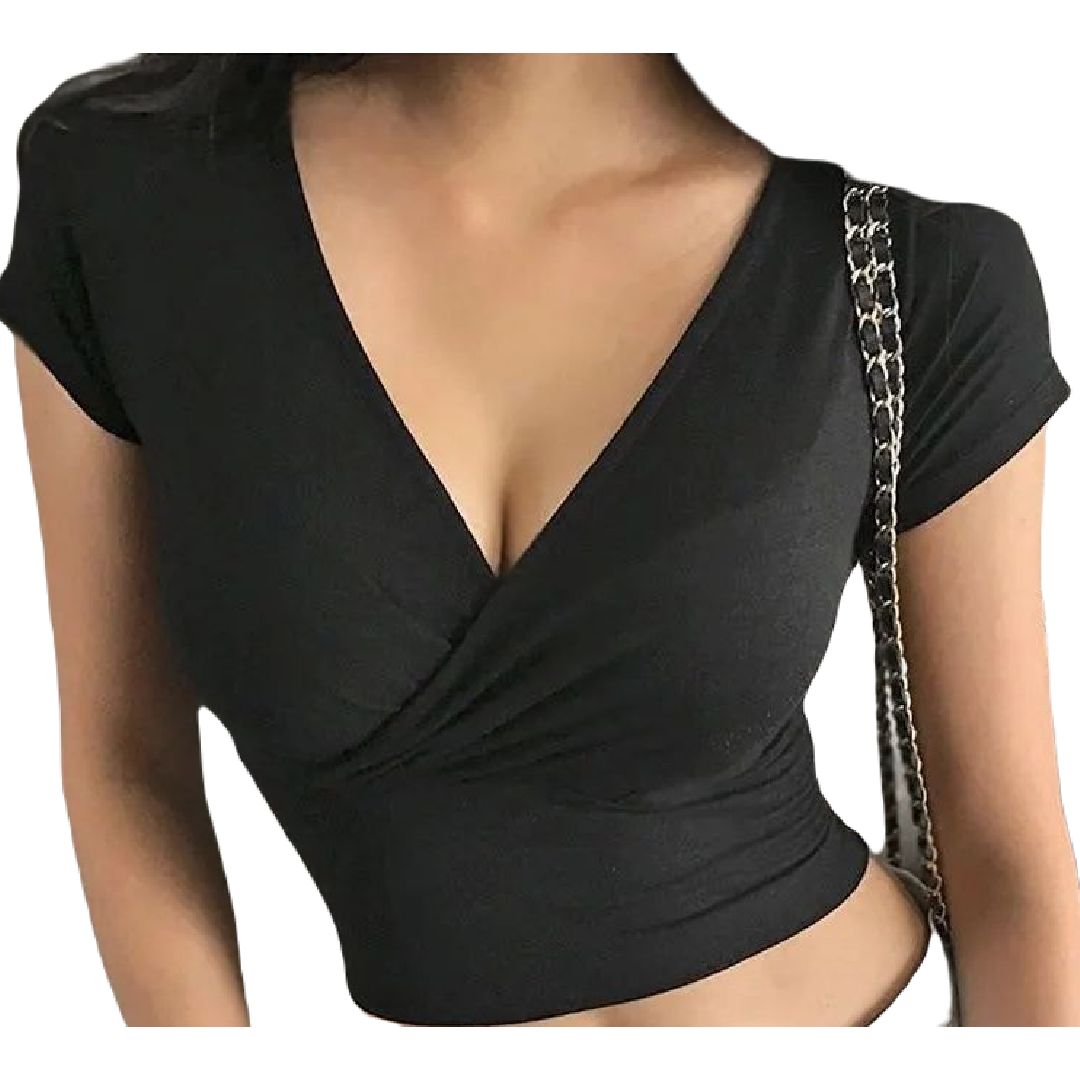 カットソー レディース 女性 トップス 半袖 Vネック カシュクール ショート丈 ミニ丈 ヘソだし 胸元深め 無地 ブラック ホワイト シンプル セクシー 大人っぽい かわいい キュート 薄手 夏