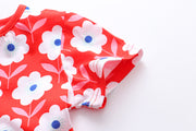 ワンピース 子供用 キッズ 女の子 トップス フレア 半袖 丸首 ラウンドネック プリント 総柄 花柄 かわいい カジュアル シンプル