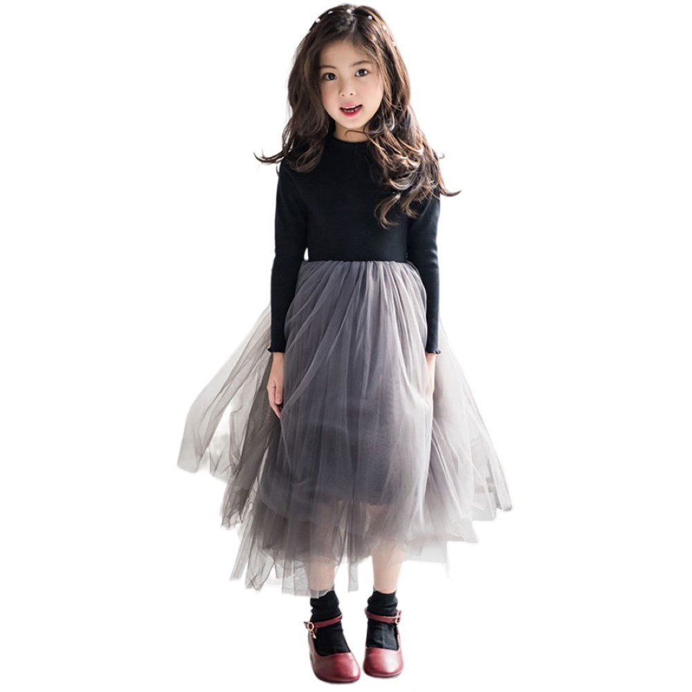 ドッキングワンピース チュール 切り替え キッズ ジュニア 女の子 子供 長袖 クルーネック ミモレ丈 ロング丈 透け感 ふんわり ふわふわ ふっくら ボリューム スカート 可愛い キュート シンプル ワンピース お洒落 ガールズ 女児 子供服