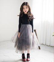 ドッキングワンピース チュール 切り替え キッズ ジュニア 女の子 子供 長袖 クルーネック ミモレ丈 ロング丈 透け感 ふんわり ふわふわ ふっくら ボリューム スカート 可愛い キュート シンプル ワンピース お洒落 ガールズ 女児 子供服