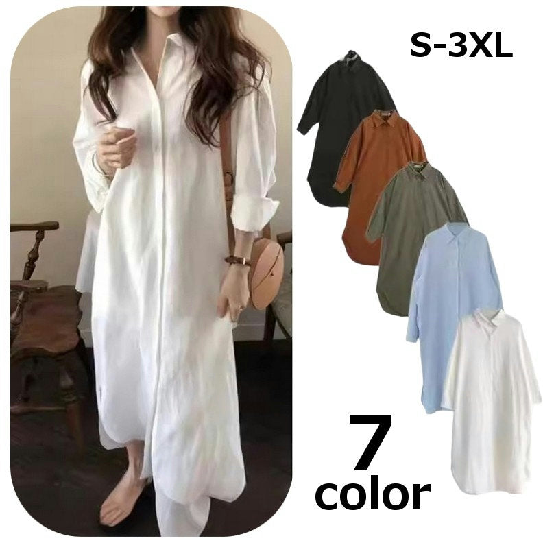 シャツワンピース ロング丈 レディース 婦人服 長袖 レギュラーカラー 襟付き 前開き マキシ丈 シンプル カジュアル 上品 無地 単色 エレガント おしゃれ かわいい 大きいサイズ