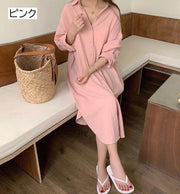 シャツワンピース ロング丈 レディース 婦人服 長袖 レギュラーカラー 襟付き 前開き マキシ丈 シンプル カジュアル 上品 無地 単色 エレガント おしゃれ かわいい 大きいサイズ