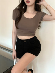 カットソー 半袖 Tシャツ レディース 女性 トップス ラウンドネック タイト ミニ丈 ショート丈 ヘソ出し 無地 単色 シンプル 着回し 婦人服 大きいサイズ