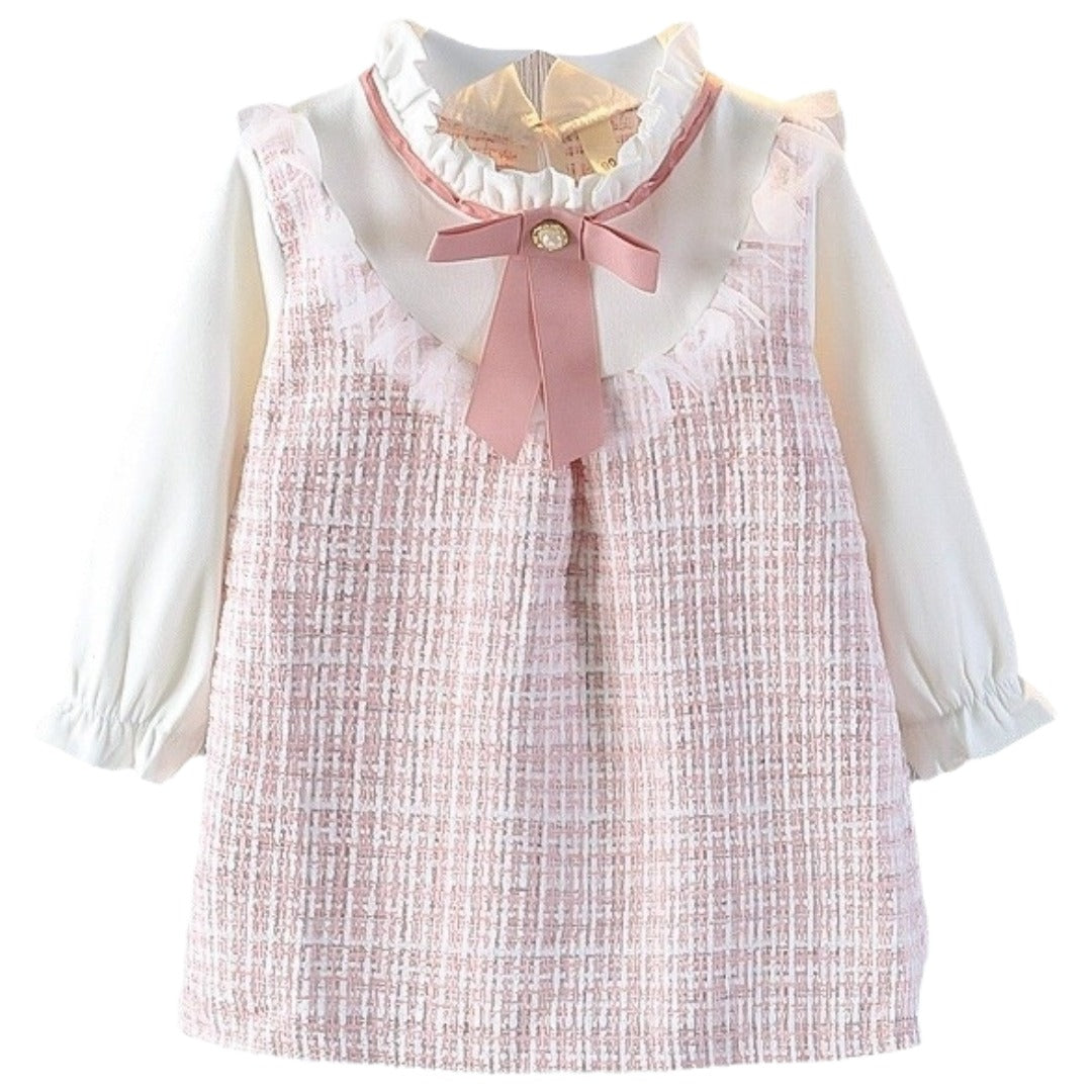 ワンピース 子供服 長袖 重ね着 ツイード キッズ キッズファッション フォーマル 女の子 レイヤード ドレス きれいめ 入園式 セレモニー チェック柄 フリル リボン こども 秋 冬 春 ピンク 卒園式 七五三 結婚式 可愛い