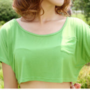 カットソー 半袖 ショート丈 ミニ丈 ヘソ出し へそ出し レディース 女性 トップス Tシャツ ラウンドネック 胸ポケット ラフ 単色 無地 肌見せ シンプル かわいい お出かけ 婦人服