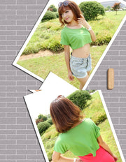 カットソー 半袖 ショート丈 ミニ丈 ヘソ出し へそ出し レディース 女性 トップス Tシャツ ラウンドネック 胸ポケット ラフ 単色 無地 肌見せ シンプル かわいい お出かけ 婦人服