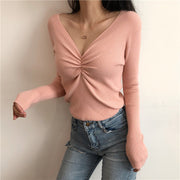 カットソー 長袖 ロングＴシャツ レディース 女性 トップス Vネック ギャザー シャーリング リブ生地 無地 単色 おしゃれ シンプル カジュアル かわいい 着回し 定番 ベーシック お出かけ 通勤 白 ピンク 黄 灰 緑 黒 青 キャラメル