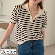 カットソー レディース 女性用 トップス 半袖 スキッパーカラー ボーダー おしゃれ 可愛い シンプル カジュアル 着回し力 おでかけ 普段使い デイリー オフィス 通勤スタイル 夏服