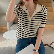 カットソー レディース 女性用 トップス 半袖 スキッパーカラー ボーダー おしゃれ 可愛い シンプル カジュアル 着回し力 おでかけ 普段使い デイリー オフィス 通勤スタイル 夏服