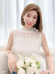 サマーニット カットソー レディース 女性 婦人 大きいサイズ トップス 異素材ミックス 袖なし 薄め ノースリーブ ストライプ ハイネック ボトルネック フリル シアー 透け感 パーティー 上品 きれいめ シンプル オフィスファッション 通勤