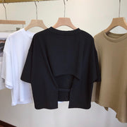 カットソー Tシャツ レディース トップス ラウンドネック 半袖 背中開き 背中見せ おしゃれ カジュアル 無地 単色 お出かけ