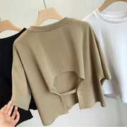 カットソー Tシャツ レディース トップス ラウンドネック 半袖 背中開き 背中見せ おしゃれ カジュアル 無地 単色 お出かけ