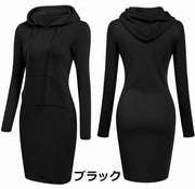 タイトワンピース パーカーワンピース 長袖 プルオーバー フード フロントポケット付き トップス レディース シンプル 単色 カジュアル おしゃれ 女性 婦人 S M L XL 2XL