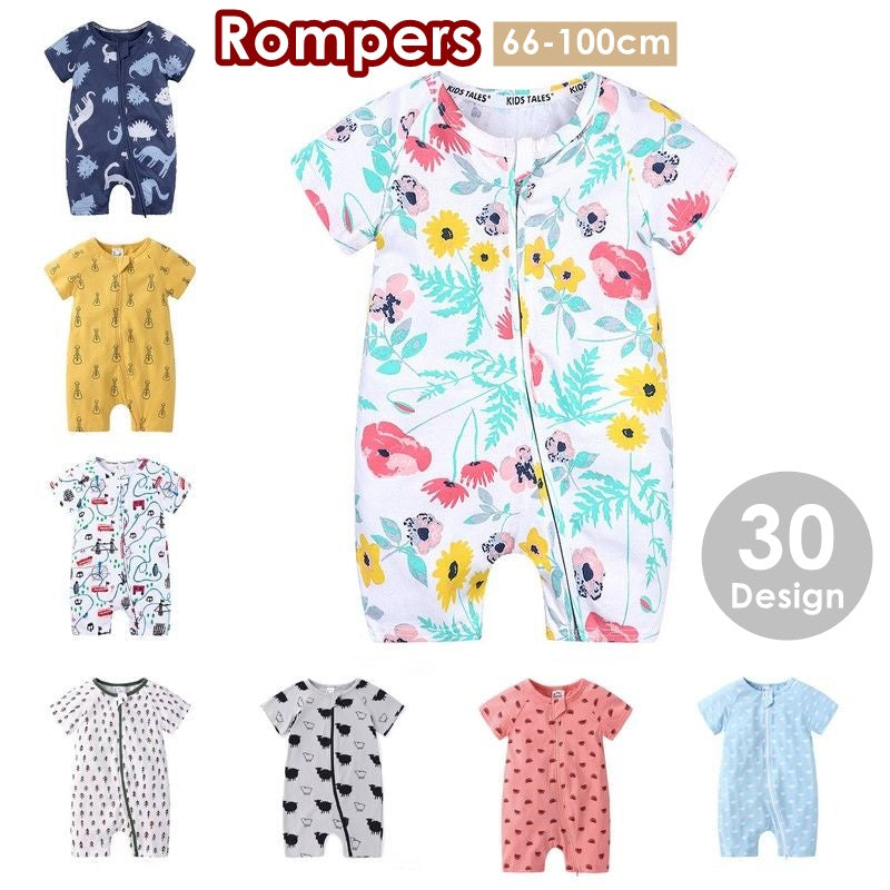 ロンパース ベビー 赤ちゃん 新生児 乳幼児 子供 子ども キッズ 女の子 男の子 女子 男子 半袖 つなぎ ラウンドネック 丸首 ファスナー ジップアップ 恐竜 お花 アニマル 動物 ペンギン 可愛い お洒落 子ども服