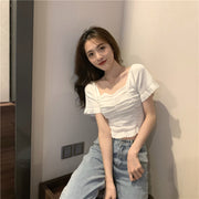 カットソー 半袖 レディース トップス 単品 スクエアネック 無地 単色 ギャザー 着回し セクシー シンプル 可愛い おしゃれ お出かけ 女の子 女性用 婦人服 黒 白 黄 緑 赤 ピンク ベージュ