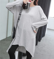 チュニックワンピ チュニック カットソー ロングＴシャツ 長袖 レディース 女性 婦人 トップス ラウンドネック ワンピース スリット入り ドロップショルダー 無地 単色 ゆったり ラフ おしゃれ シンプル ナチュラル カジュアル かわいい リラックス 部屋着 お出かけ 黒 灰 白