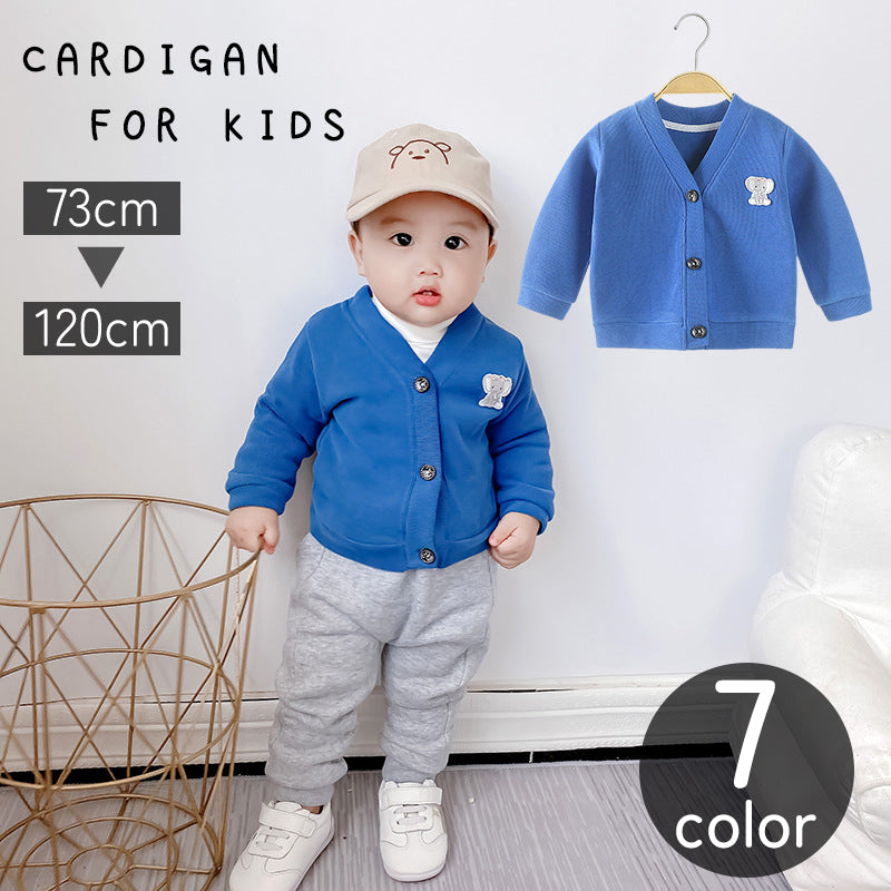 カーディガン キッズ ベビー 子供服 Vネック 長袖 ニット 前開き 前ボタン アップリケ ワッペン 単色 シンプル 男の子 女の子 カジュアル おしゃれ