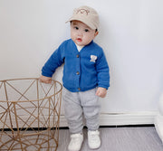カーディガン キッズ ベビー 子供服 Vネック 長袖 ニット 前開き 前ボタン アップリケ ワッペン 単色 シンプル 男の子 女の子 カジュアル おしゃれ