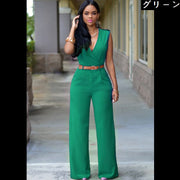 オールインワン サロペット ノースリーブ ロングパンツ ワイドパンツ バギーパンツ プランジングネック レディース ベルト付き ベルトループ ポケット付き セクシー SEXY おしゃれ きれいめ シンプル 無地 単色 ソリッドカラー 女性用 婦人用 S M L XL XXL 2XL