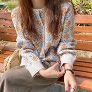 カーディガン ニット レディース 長袖 丸首 前開き 前ボタン 花柄 フラワー 総柄 おしゃれ かわいい 羽織り トップス カジュアル デイリー 普段使い お出かけ 女性用
