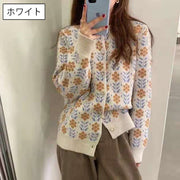 カーディガン ニット レディース 長袖 丸首 前開き 前ボタン 花柄 フラワー 総柄 おしゃれ かわいい 羽織り トップス カジュアル デイリー 普段使い お出かけ 女性用