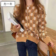 カーディガン ニット レディース 長袖 丸首 前開き 前ボタン 花柄 フラワー 総柄 おしゃれ かわいい 羽織り トップス カジュアル デイリー 普段使い お出かけ 女性用