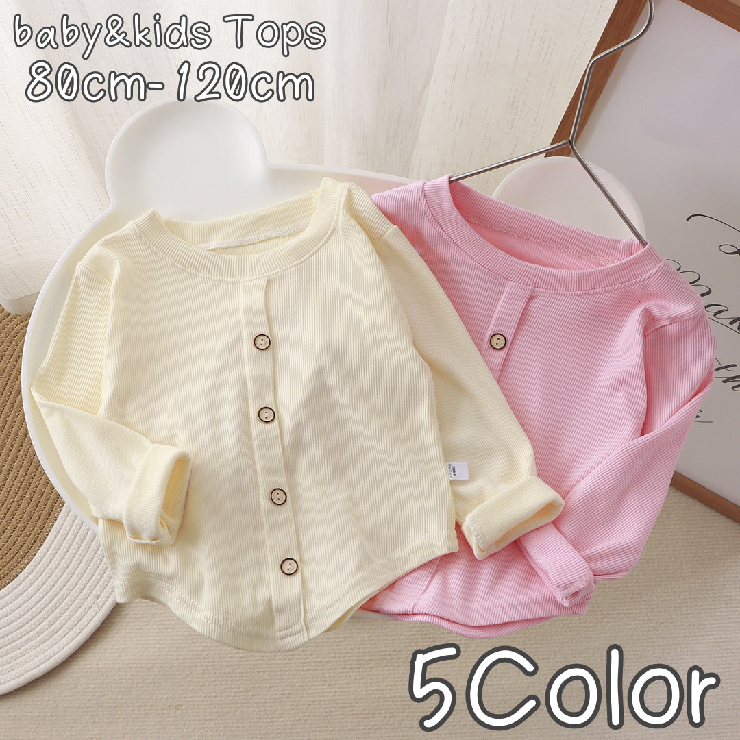 カットソー 子供服 こども服 キッズ ベビー 長袖 ラウンドネック プルオーバー カーディガン風 飾りボタン フェイクボタン リブ 春 秋 シンプル 無地 トップス かわいい 可愛い 単色 おしゃれ 着まわし ヘビロテ 女の子 男の子