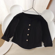 カットソー 子供服 こども服 キッズ ベビー 長袖 ラウンドネック プルオーバー カーディガン風 飾りボタン フェイクボタン リブ 春 秋 シンプル 無地 トップス かわいい 可愛い 単色 おしゃれ 着まわし ヘビロテ 女の子 男の子