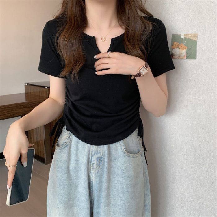 カットソー レディース トップス 半袖 キーネック ドローストリング 商品画像2