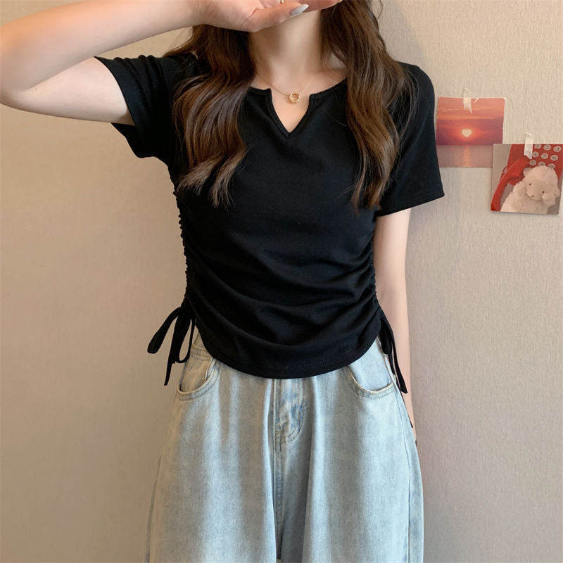 カットソー レディース トップス 半袖 キーネック ドローストリング 商品画像4