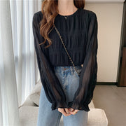 ブラウス 長袖 シャツ レディース 女性 トップス プルオーバー ギャザー シャーリング トップス シフォンブラウス フリル フレア ラウンドネック 無地 大人可愛い お洒落 きれいめ 婦人服