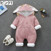 カバーオール ジャンプスーツ つなぎ 子供服 裏起毛 あったか ベビー 赤ちゃん 女の子 男の子 アウター 防寒 耳付き フード付き リブ アニマル ウサギ クマ ジップアップ 長袖 おしゃれ かわいい ロンパース 乳児 幼児 新生児 出産祝い ギフト プレゼント 女児 男児 子ども こども
