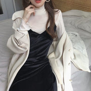 カットソー レディース 女性 トップス 長袖 長そで ハイネック タートルネック フリル袖 フリル襟 薄手 無地 ブラック グレー ホワイト シンプル カジュアル かわいい キュート