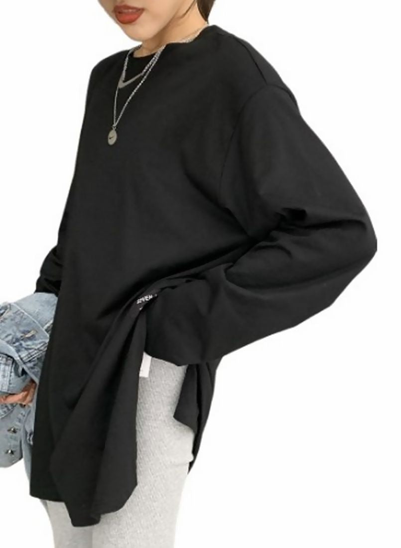 カットソー 長袖 Ｔシャツ レディース 女性 トップス ビックサイズ オーバーサイズ ドロップショルダー ゆったり 大きいサイズ 大きめ スリット ラウンドネック クルーネック 無地 シンプル 黒 白