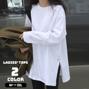 カットソー 長袖 Ｔシャツ レディース 女性 トップス ビックサイズ オーバーサイズ ドロップショルダー ゆったり 大きいサイズ 大きめ スリット ラウンドネック クルーネック 無地 シンプル 黒 白