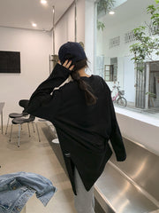 カットソー 長袖 Ｔシャツ レディース 女性 トップス ビックサイズ オーバーサイズ ドロップショルダー ゆったり 大きいサイズ 大きめ スリット ラウンドネック クルーネック 無地 シンプル 黒 白