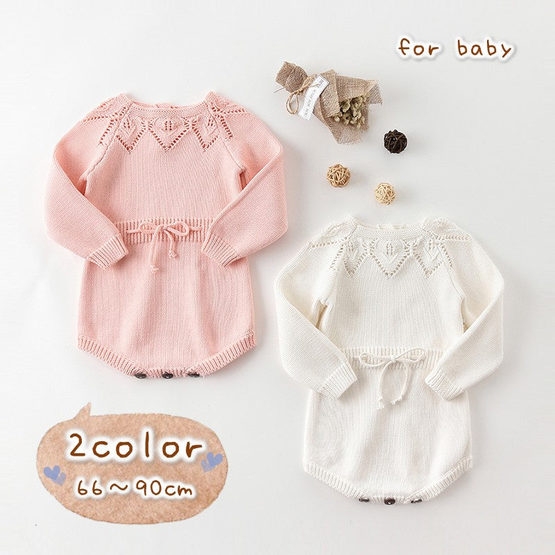ロンパース カバーオール 長袖 ニット セーター つなぎ ベビー 赤ちゃん キッズ 子供服 女の子 袖リブ かわいい キュート 丸首 ラウンドネック 後ろハーフボタン 出産祝い 贈り物 プレゼント 腰紐 股下ボタン