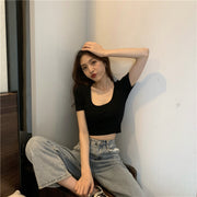 カットソー Tシャツ レディーストップス オーバルネック ラウンドネック クロップド シャツ シンプル 無地 カラバリ豊富 短め かわいい 夏 かっこいい