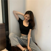 カットソー Tシャツ レディーストップス オーバルネック ラウンドネック クロップド シャツ シンプル 無地 カラバリ豊富 短め かわいい 夏 かっこいい