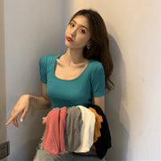 カットソー Tシャツ レディーストップス オーバルネック ラウンドネック クロップド シャツ シンプル 無地 カラバリ豊富 短め かわいい 夏 かっこいい