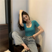 カットソー Tシャツ レディーストップス オーバルネック ラウンドネック クロップド シャツ シンプル 無地 カラバリ豊富 短め かわいい 夏 かっこいい