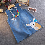 ワンピース ノースリーブ デニムワンピース デニム ラウンドネック キッズ 子供服 女の子 女児 刺繍 カラフル 可愛い ネズミ お出掛け おしゃれ着 お洒落 春 夏