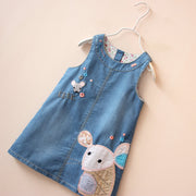 ワンピース ノースリーブ デニムワンピース デニム ラウンドネック キッズ 子供服 女の子 女児 刺繍 カラフル 可愛い ネズミ お出掛け おしゃれ着 お洒落 春 夏