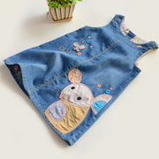 ワンピース ノースリーブ デニムワンピース デニム ラウンドネック キッズ 子供服 女の子 女児 刺繍 カラフル 可愛い ネズミ お出掛け おしゃれ着 お洒落 春 夏