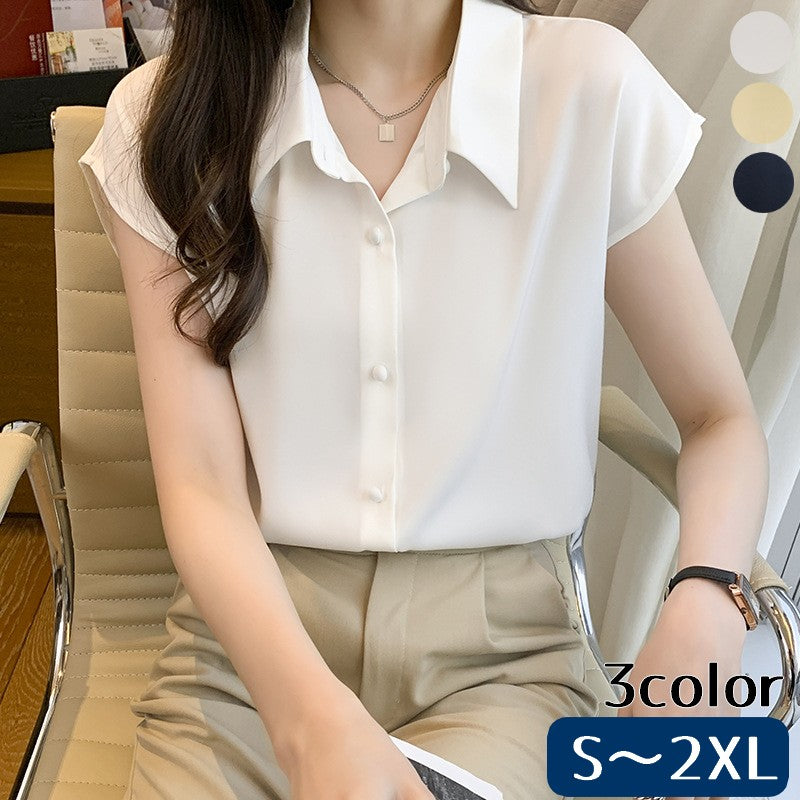 ブラウス シャツ レディース 婦人服 トップス フレンチスリーブ 半袖 前あき 前ボタン 襟付き 無地 シンプル 単色 おしゃれ 大人可愛い きれいめ オフィス 通勤 スーツ かわいい 夏 大きいサイズあり ホワイト イエロー ネイビー